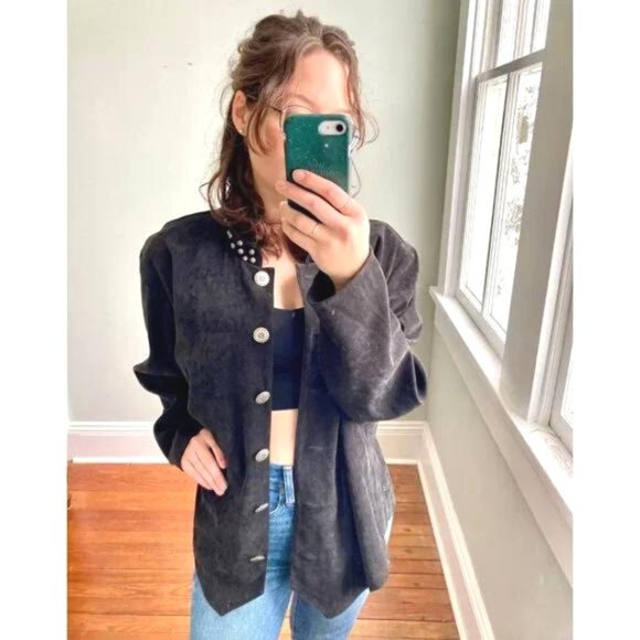 Vintage Suede Black Western Silver Oversized Shacket Button Down Jacket - Picture 2 of 7